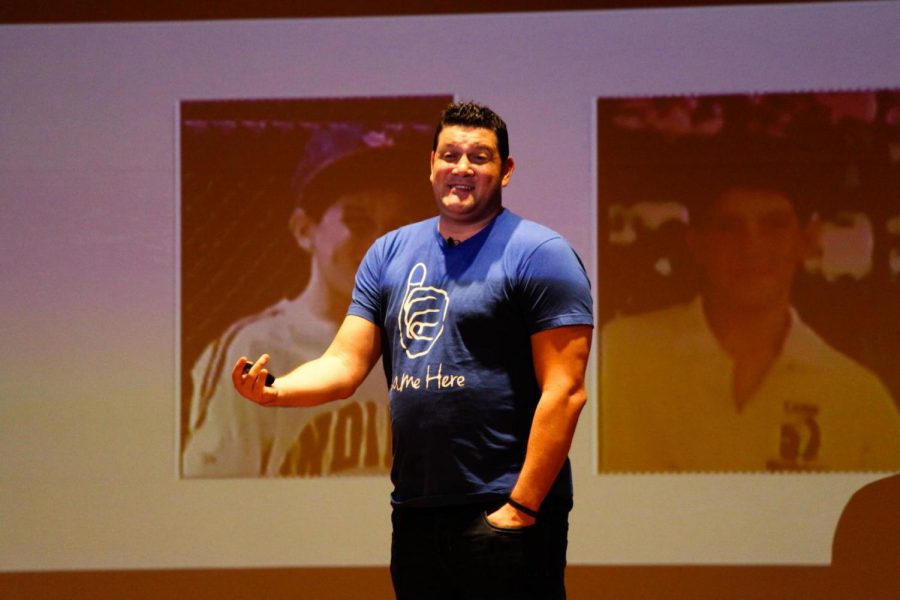 Eric Kussin, the founder of #SameHere Movement talks about his experiences at an event organized by the NIU Counseling and Consultation Services Department on Tuesday in the Duke Ellington Ballroom of the Holmes Student Center. 