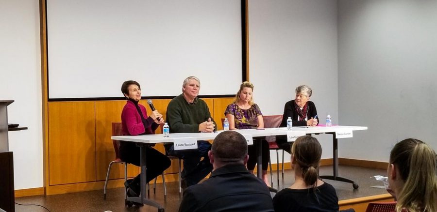 Panelists (from left to right) Undergraduate Program Director Laura Vazquez and panelists involved in the making of her film answer questions following its screening Sunday at the DeKalb Public Library.