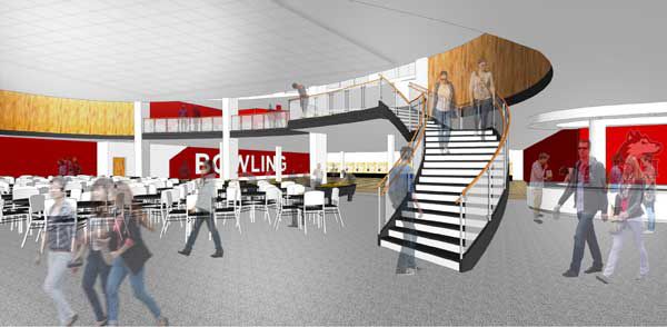 Above is a rendering of the Huskies Den after the proposed renovations have been completed. The renovation would include a staircase to the Black Hawk Cafe and a sports grill. 