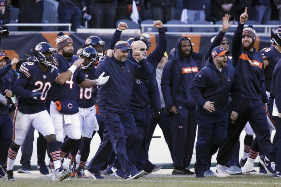 Chicago Bears head coach Matt Nagy celebrates with his team after an NFL football game against the Green Bay Packers Sunday, Dec. 16, 2018, in Chicago. The Bears won 24-17. (AP Photo/David Banks)