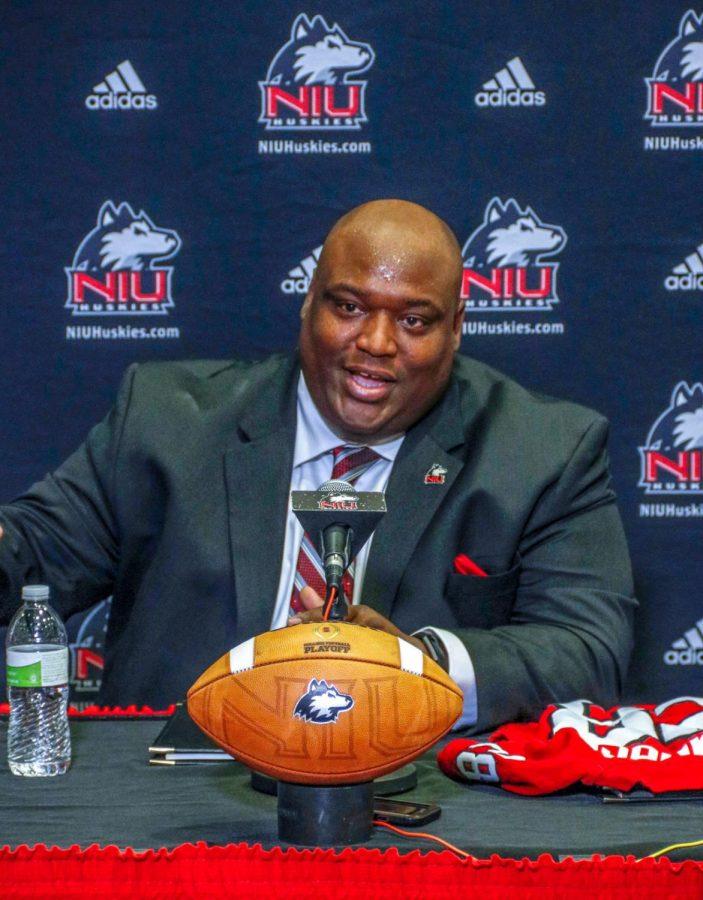 Head Coach Thomas Hammock speaking at his  introductory news conference in 2019. In Hammocks second season the huskies went 0-6 and are voted to finish last in the MAC Western Division for a second straight year.