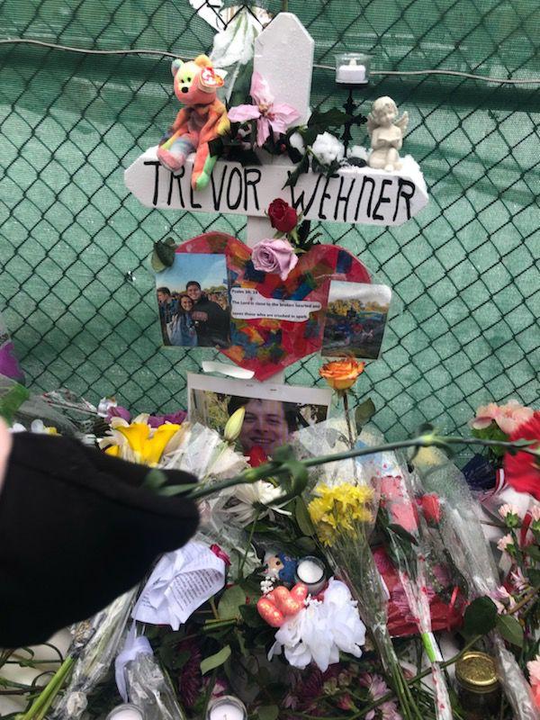 Trevor Wehners memorial cross sits outside in Aurora.