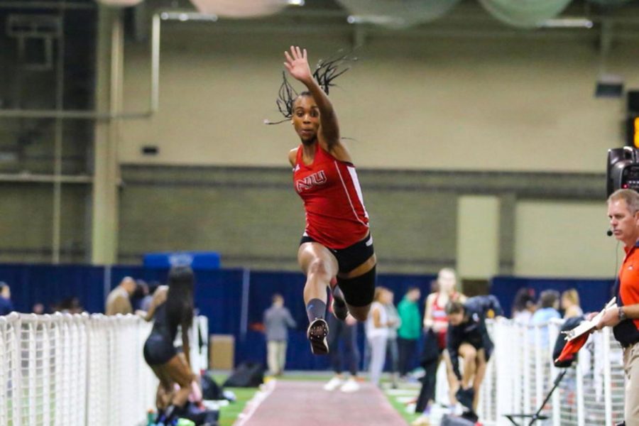 Senior jumper Jehvania Whyte leaps through the air during the Feb. 22 Mid-American Conference Championships. Whyte would win the triple jump title for the second straight year.