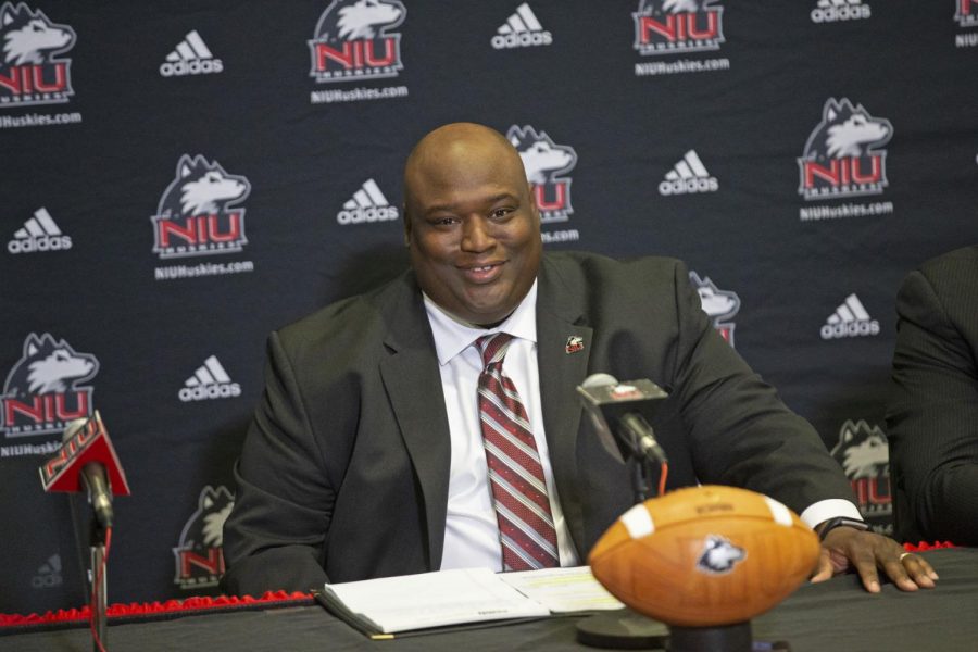 Head Coach Thomas Hammock was welcomed back to NIU during his Jan. 18, 2019 introductory news conference.