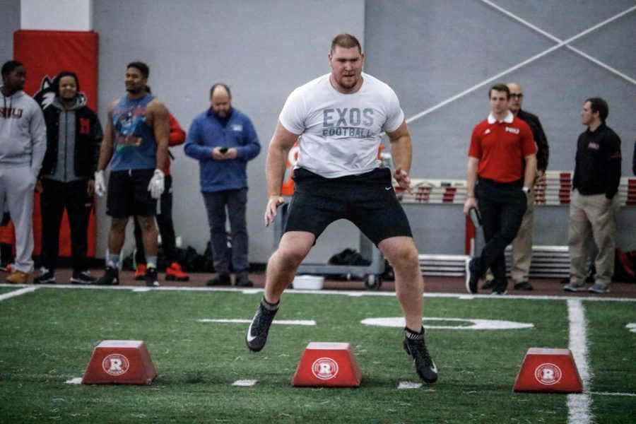 Offensive lineman Max Sharping competes in skill drills during NIU pro day March 6.