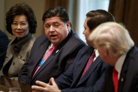 Governor-elect J.B. Pritzker, (center) talks Dec. 13 with President Donald Trump during a meeting with newly elected governors in the Cabinet Room of the White House.