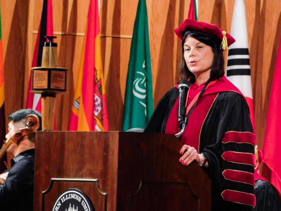 NIU President Lisa Freeman speaks during her investiture Friday in the Boutell Memorial Concert Hall of the Music Building, where she accepted the university medallion and mace, symbols of the presidents authority and academic designation.