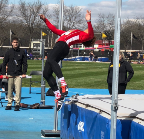 First-year multi-event runner Taylor Ramsey competes in the high jump April 13 at the Musco Twilight meet in Iowa City, Iowa.