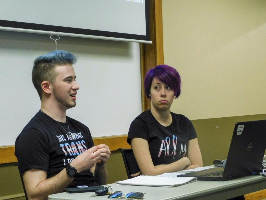 Sophomore anthropology major Dallas Douglas (left) and Grace Rodriguez, first-year special education major, introduce “How to be an Ally on Campus.”