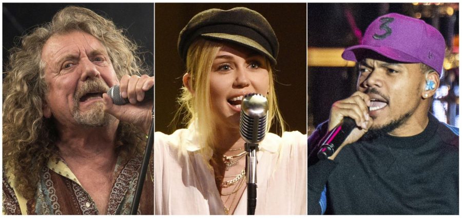(From left) Former Led Zeppelin frontman Robert Plant, pop star Miley Cyrus and rapper Chance the Rapper are among the many musical acts booked for the 50th anniversary of the iconic Woodstock Music and Art Festival. The festival is now up in the air due to a financial sponsor pulling funding.