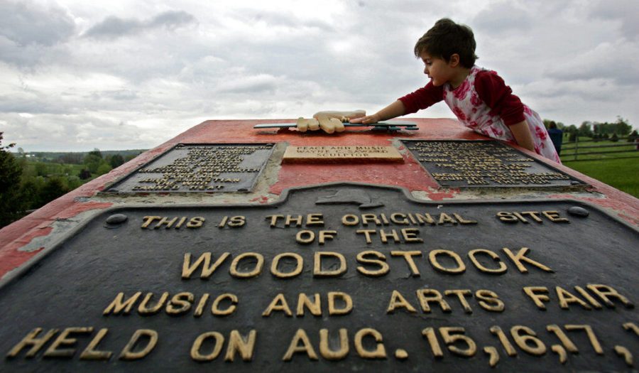 A plaque commemorates the original site of the 1969 Woodstock Music and Arts Festival in Bethel, New York. The 50th anniversary of the festival will be celebrated in Watkins Glen, New York, about 150 miles from the original.