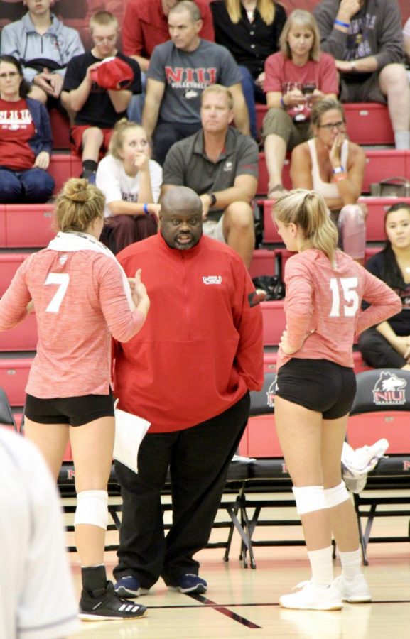 Head Coach Ray Gooden talks to his team during the Saturday match against SIUE.