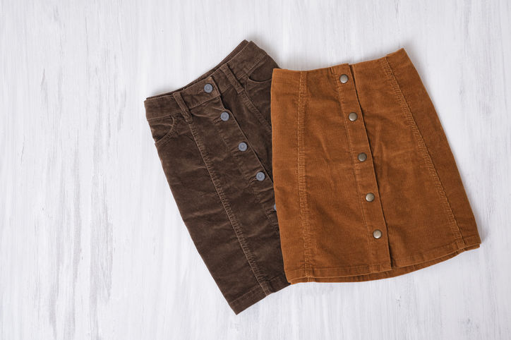 Corduroy is a material common seen in skirts and jackets that is known for its durability.