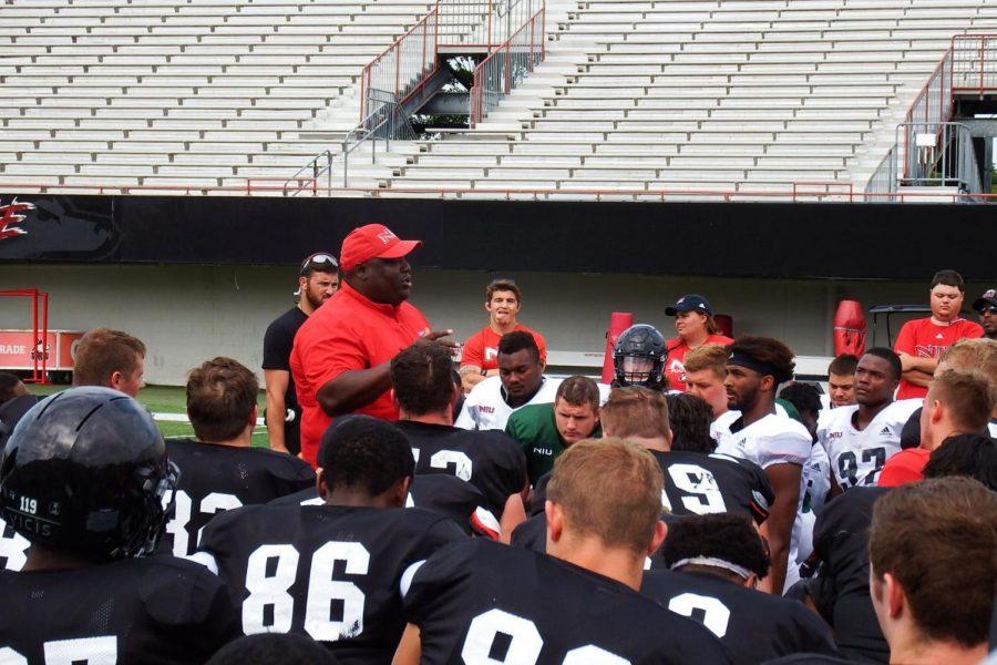 Head coach Thomas Hammock addresses the team during Spring football practice.