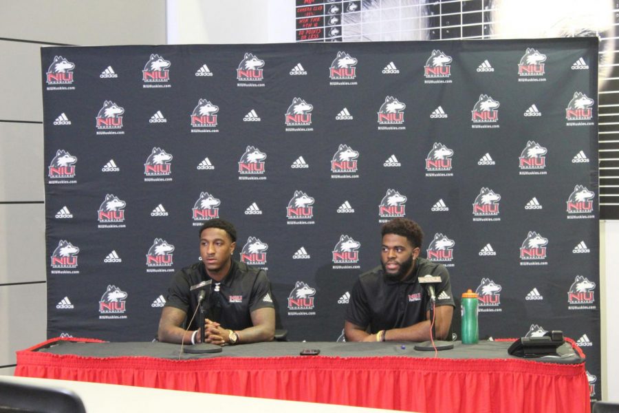 Spencer Tears (left), redshirt senior wide receiver, and redshirt senior safety Mykelti Williams address media Tuesday during a press conference.