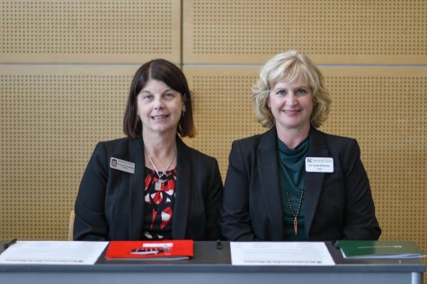 NIU President Lisa Freeman poses Oct. 7 with Kishwaukee College President Laurie Borowicz at the signing of the agreement.