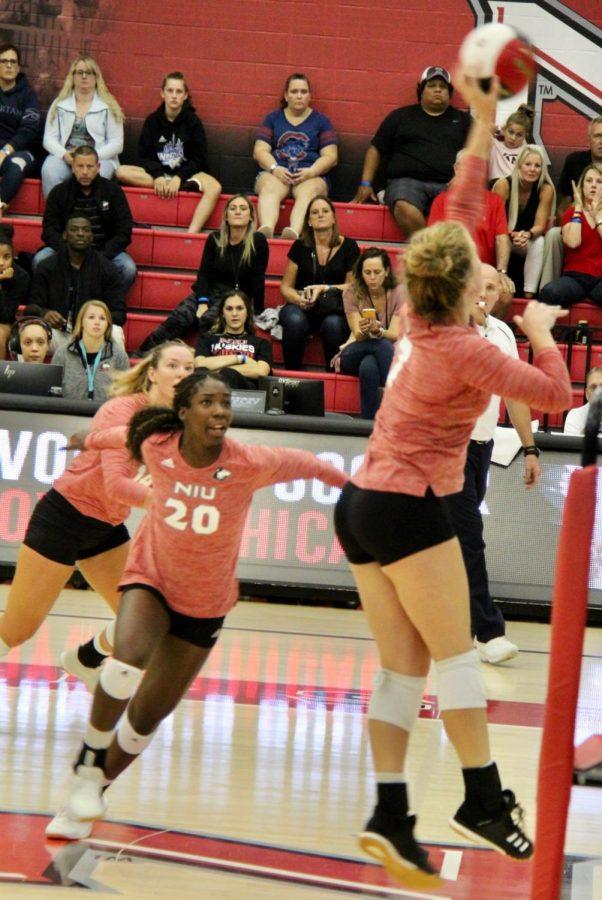 Sophomore+setter+Grace+Balensiefer+goes+up+for+a+tip+Aug.+30+during+an+eventual+3-1+loss+to+Southern+Illinois+University+%E2%80%93+Edwardsville+at+Victor+E.+Court+in+the+Convocation+center+in+DeKalb.%C2%A0