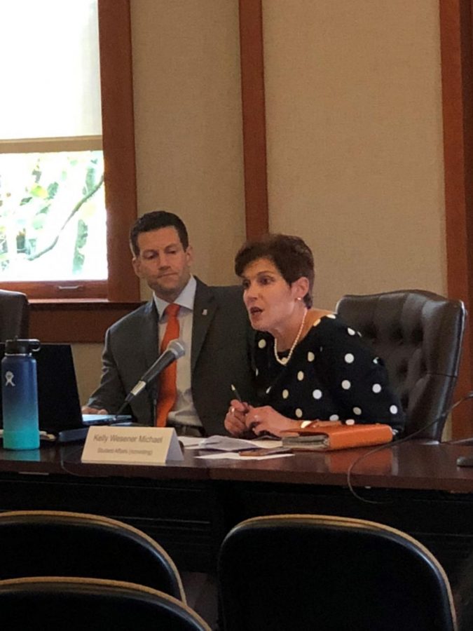 In this Oct. 11 file photo, Dean of Students Kelly Wesener-Michael speaks during the University Council meeting Wednesday next to Sol Jensen, vice president for enrollment management, marketing and communications.
