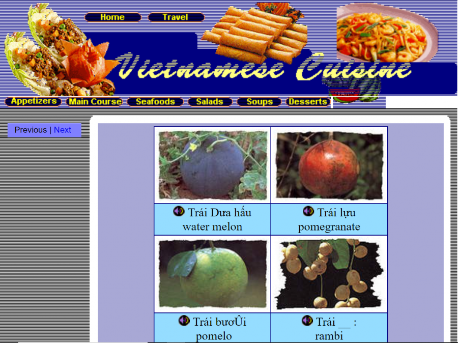 A SEAsite page on Vietnamese fruits, designed in 2000, is shown above.