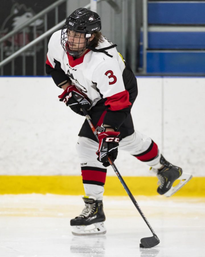 First-year+defenseman+Drake+Gieseke+prepares+for+a+pass+Nov.+9+during+a+home+loss+to+McKendree+University+at+Canlan+Ice+Sports+in+West+Dundee.