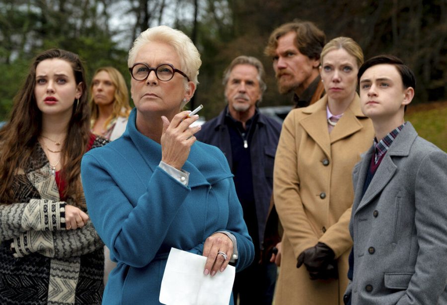 (From Left) Katherine Langford, Toni Collette, Jamie Lee Curtis, Don Johnson, Michael Shannon, Riki Lindhome and Jaeden Martell star as the Thrombey family in Knives Out. 