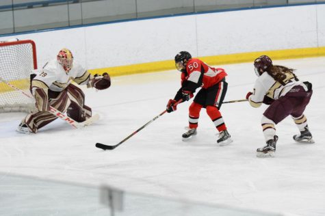 Sophomore forward Tyler Gut tries scoring on Robert Morris University during a Feb. 14 game at Edge Ice Arena in Bensenville, Illinois.
