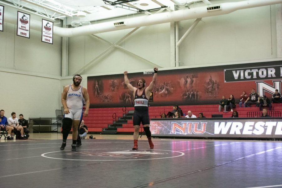 Redshirt junior Max Ihry celebrates a win over his University at Buffalo opponent on Feb. 14 at Victor E. Court.