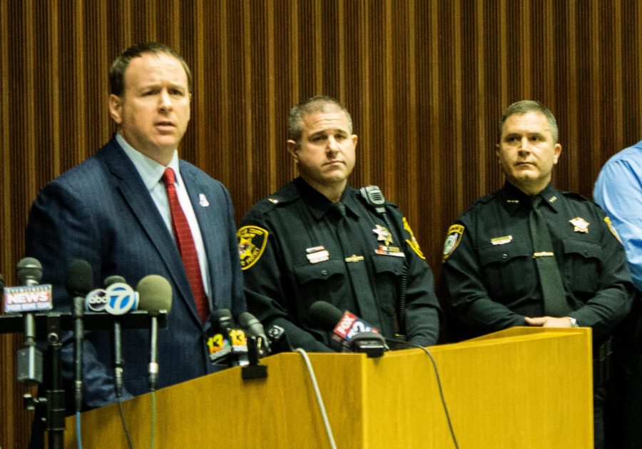 DeKalb States Attorney Rick Amato (from left) stands Tuesday beside Sheriffs Lieutenant Jim Burgh and Interim Police Chief John Petragallo during the DeKalb County Sheriffs Offices news conference in connection with a 2016 double homicide case.