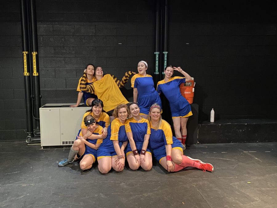 Hunter Siegel (top, from left), Chloe Janisch, Beth Kahan, Elaine Giddens, Rachael Yoder (bottom), Kaitlyn Cheng, Caroline Byrne, Andrea Shapiro and Savannah-Lee Mumford, the cast of “The Wolves,” pose backstage.