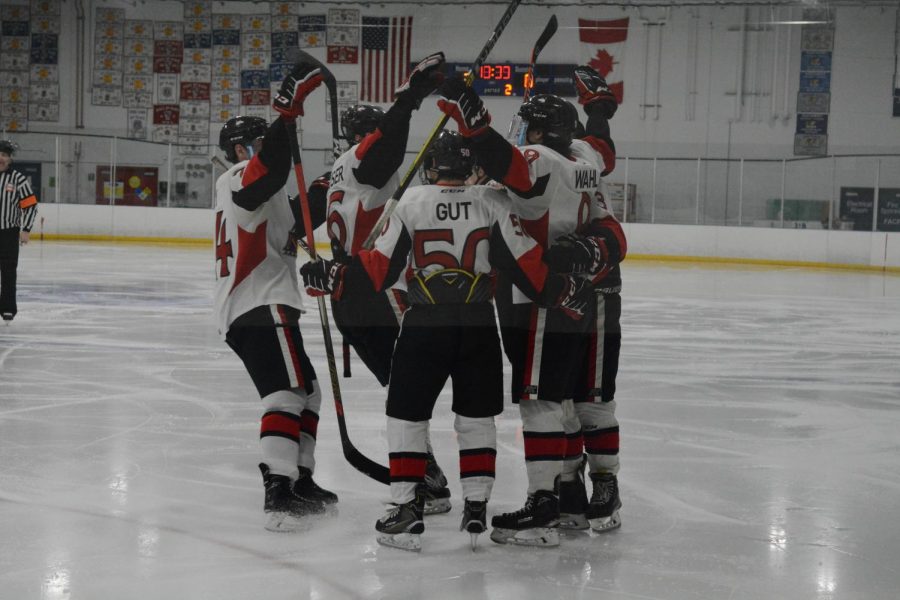 NIU celebrates a goal against Waldorf University on Feb. 2 at Canlan Ice Sports in West Dundee. The Huskies would go on to win 5-4 in overtime.