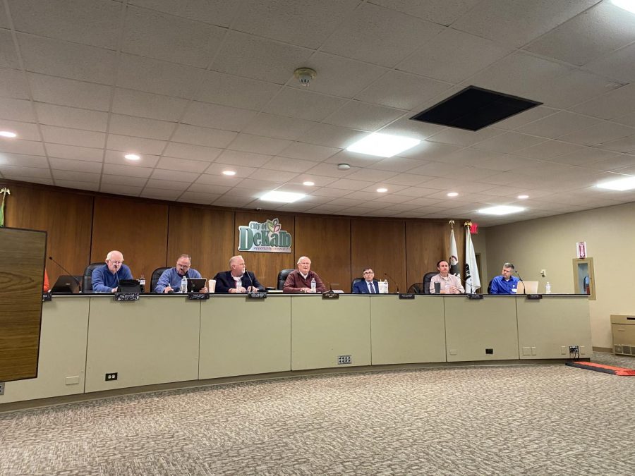 DeKalb city council members (left to right) Bill Finucane, Tracy Smith, Greg Perkins, mayor Jerry Smith, Scott McAdams, Mike Verbic and Tony Faivre meet Jan. 27 at a city council meeting after a lower bar age limit ordinance was proposed at a Jan 13. meeting.
