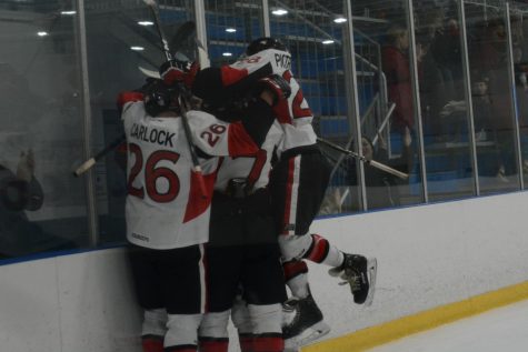 A group of Huskie players celebrate a goal Jan. 10 during NIU’s 4-2 loss against Kent State University at Canlan Ice Sports in West Dundee.