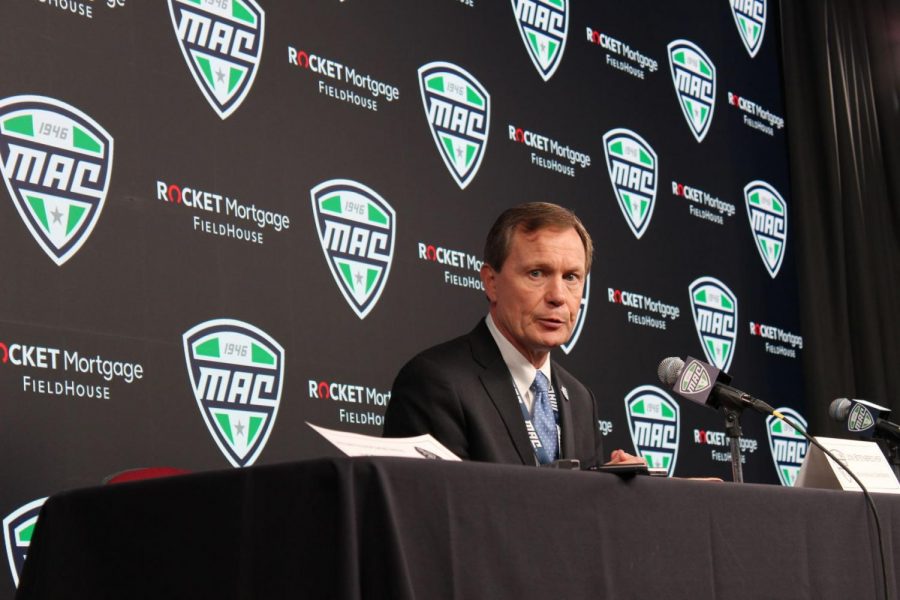 In this file photo, Mid-American Conference Commissioner Jon Steinbrecher addresses the media March 12 over the cancelation of the 2020 MAC Basketball Tournaments at the Rocket Mortgage FieldHouse in Cleveland, Ohio.
The MAC voted Friday to play a six-game schedule, starting Nov. 4.