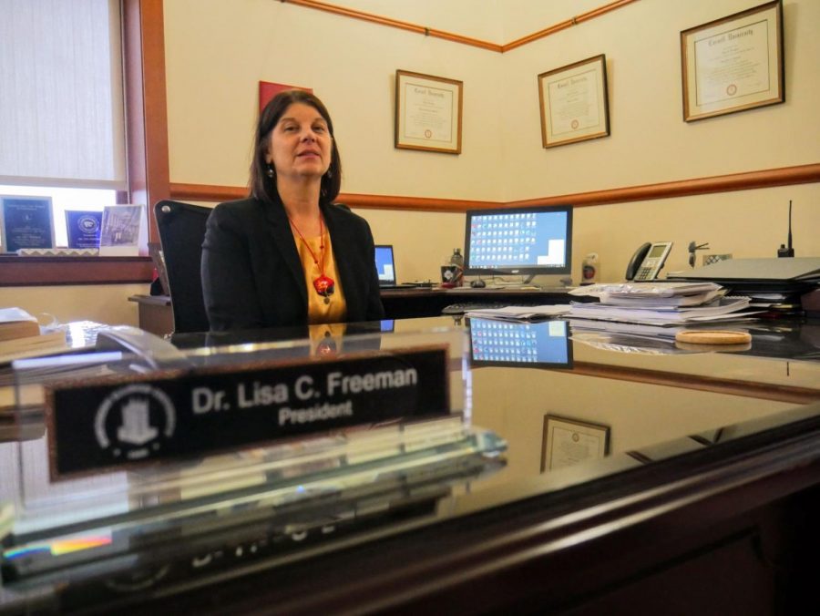 NIU President Lisa Freeman sits in her office at Altgeld Hall. 