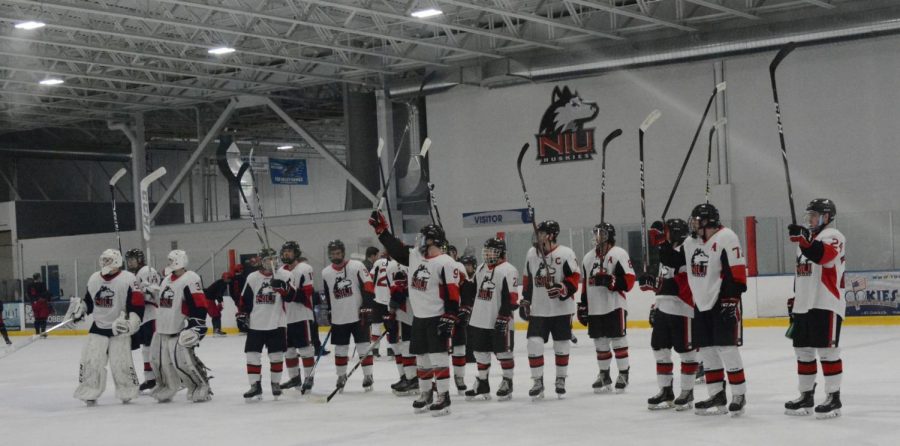NIU salutes the fans after its 3-2 win over Maryville University on Feb. 29, 2020 at Canlan Ice Sports in West Dundee.