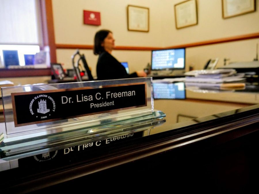 President Lisa Freeman works March 2 in her office in Altgeld Hall.