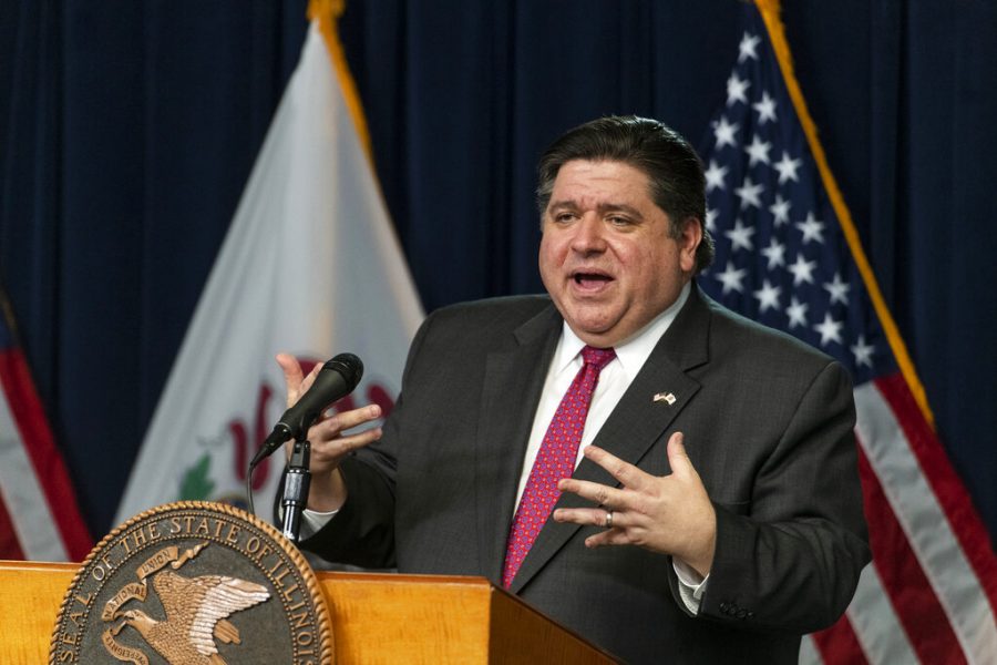 Gov. J.B. Pritzker speaks during his daily coronavirus news conference at the Thompson Center in Chicago on Monday, April 20, 2020.