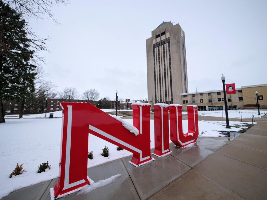 Huskie Pride sculpture stands in the Martin Luther King, Jr. Memorial Commons coated with an early spring snowfall in April 2020.