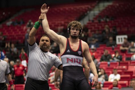 Then-redshirt sophomore Brit Wilson being announced the winner March 7 after his 8-5 decision win in the 2020 MAC Championship semifinals at the Convocation Center.