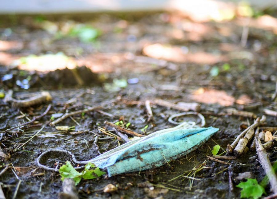 A face mask lays in the mud along the sidewalk of West Hillcrest Drive in DeKalb on Thursday, June 11th.