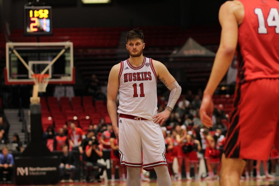 Senior forward Noah McCarty waits for play to resume March 6, during NIUs loss to Ball State University at the Convocation Center.