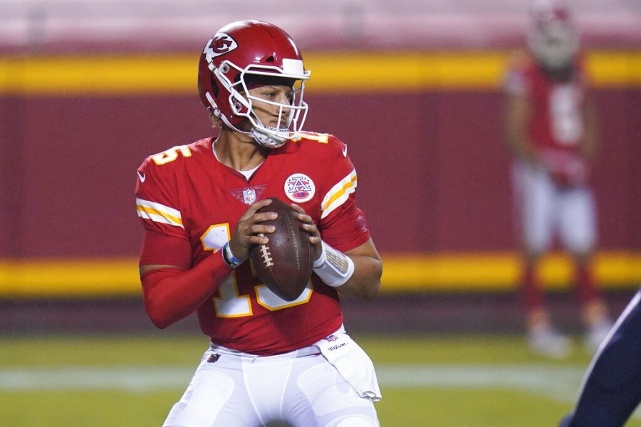 Kansas City Chiefs quarterback Patrick Mahomes drops back to pass against the Houston Texans in the first half of an NFL football game Thursday, Sept. 10, 2020, in Kansas City, Mo.