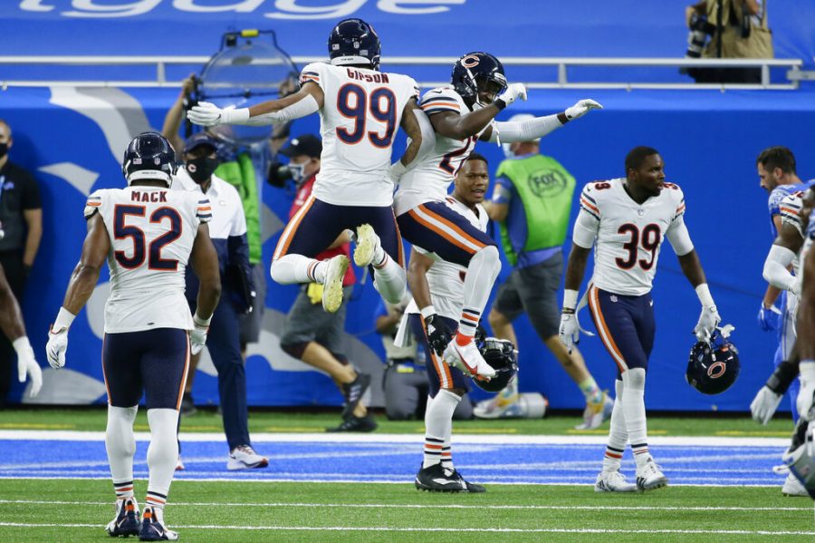 Chicago+Bears+Trevis+Gipson+%2899%29+and+Sherrick+McManis+%2827%29+celebrate+their+27-23+win+against+the+Detroit+Lions+after+an+NFL+football+game+in+Detroit%2C+Sunday%2C+Sept.+13%2C+2020.+