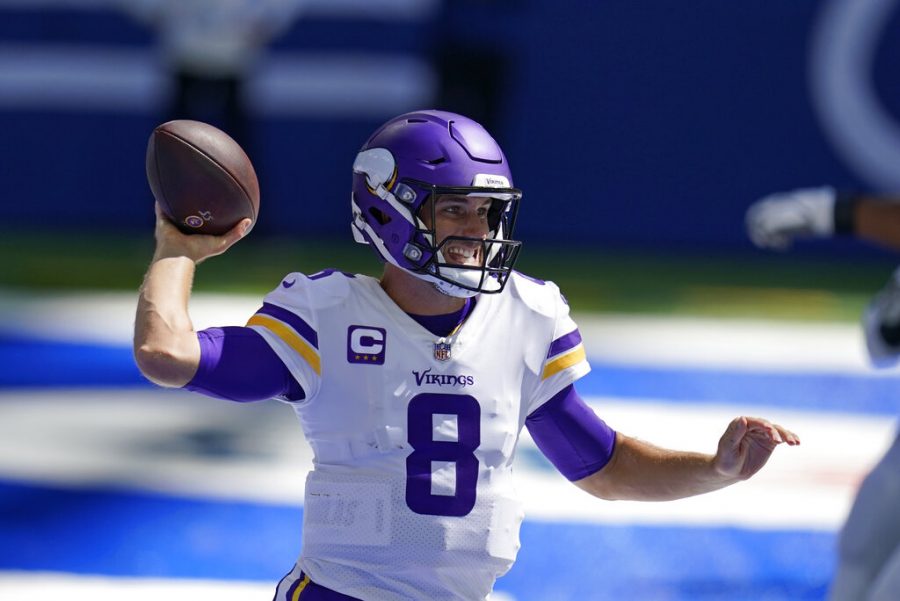 Minnesota Vikings quarterback Kirk Cousins (8) throws during the first half of an NFL football game against the Indianapolis Colts, Sunday, Sept. 20, 2020, in Indianapolis. 
