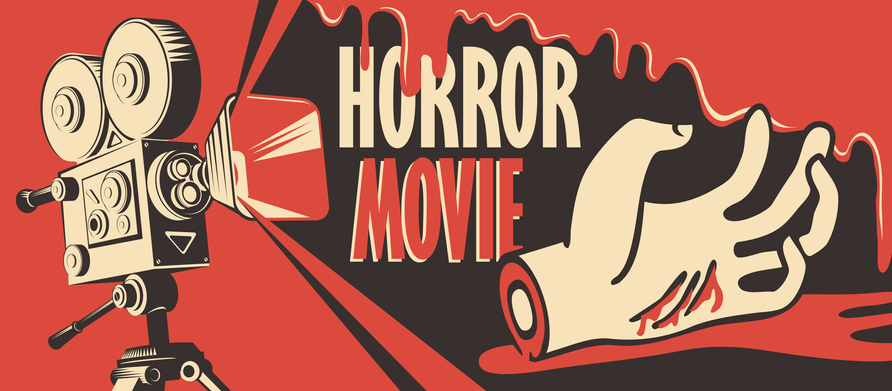 Vector banner for festival horror movie. Illustration with old film projector and a severed hand in a puddle of blood. Scary cinema. Horror film night. Can be used for ad, flyer, web design, tickets.