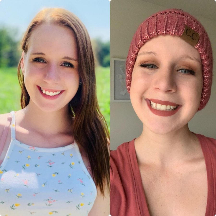 Haley Galvin before and after beginning chemotherapy treatments to fight ovarian cancer.