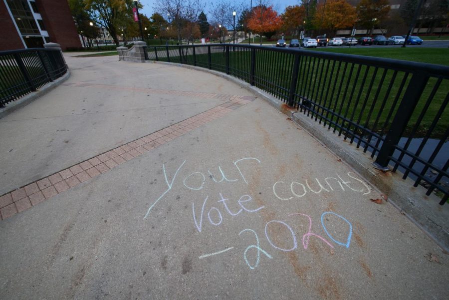 Sidewalk chalk that reads "Your Vote Counts - 2020"