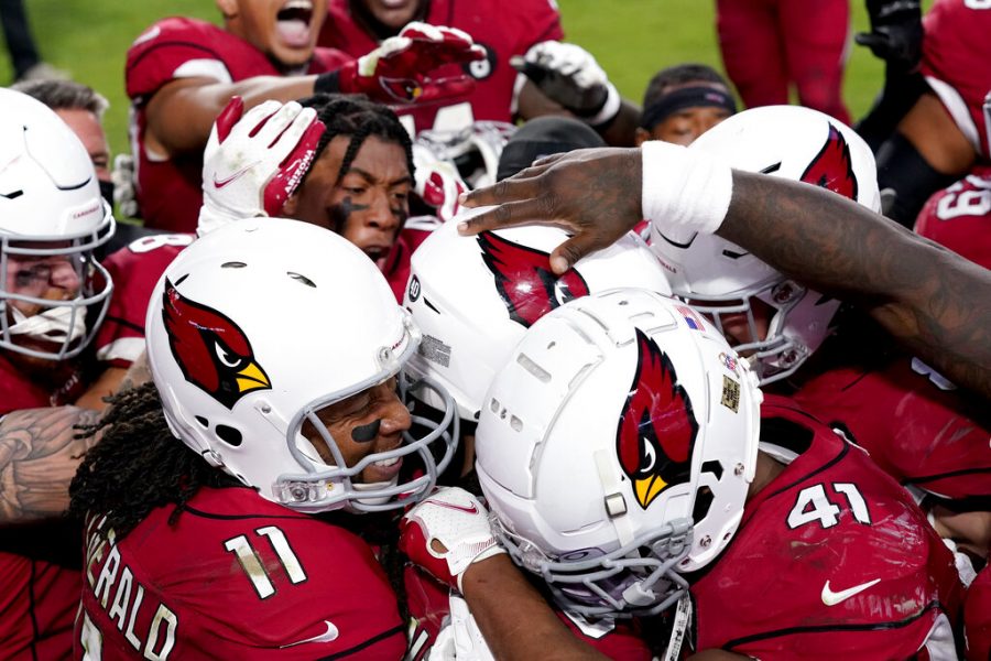 The Arizona Cardinals celebrate after their game winning touchdown against the Buffalo Bills during the second half of an NFL football game, Sunday, Nov. 15, 2020, in Glendale, Ariz. The Cardinals won 32-20. 