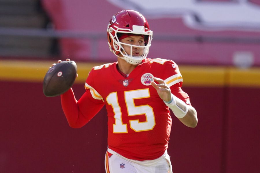 Kansas City Chiefs quarterback Patrick Mahomes throws a pass during the first half of an NFL football game against the Atlanta Falcons, Sunday, Dec. 27, 2020, in Kansas City. 