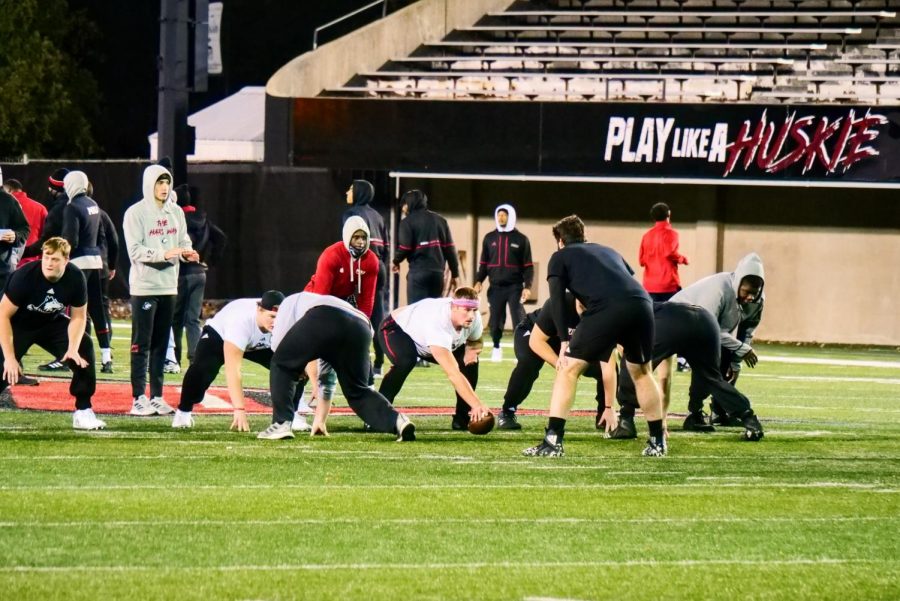 NIU's football team practices at Huskie Stadium on November 2nd.